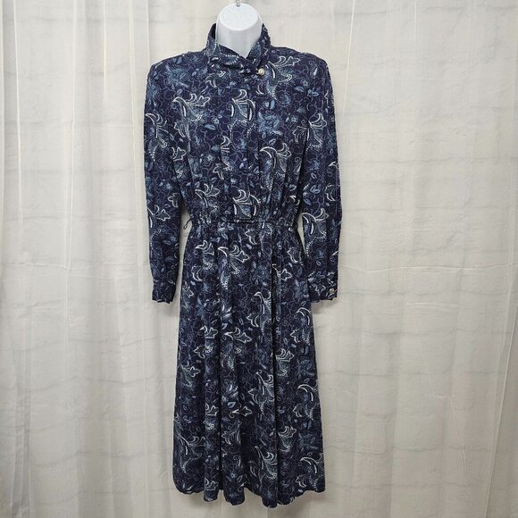 Vintage Leslie Fay Blue Floral Midi Dress Boho 6P - Picture 1 of 13